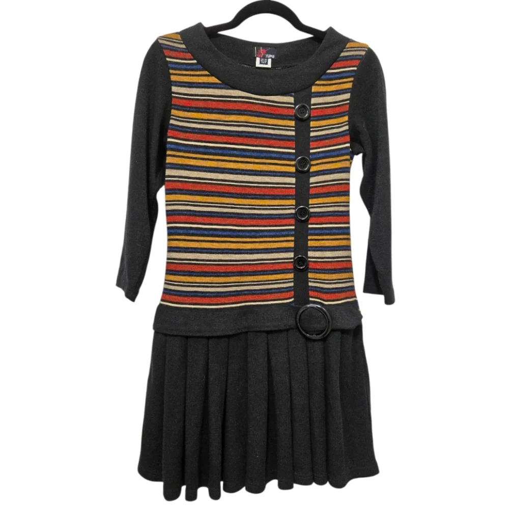 Yumi London Mod Stripe Knit Pleated Mini Sweater Dress Size 6 With 3/4 Sleeves - Picture 6 of 14